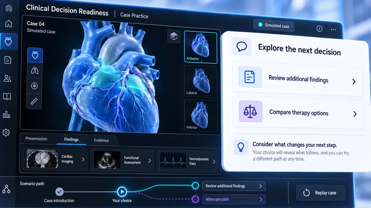 A Monarch clinical decision readiness case, with a cardiac model, findings and a branching scenario path